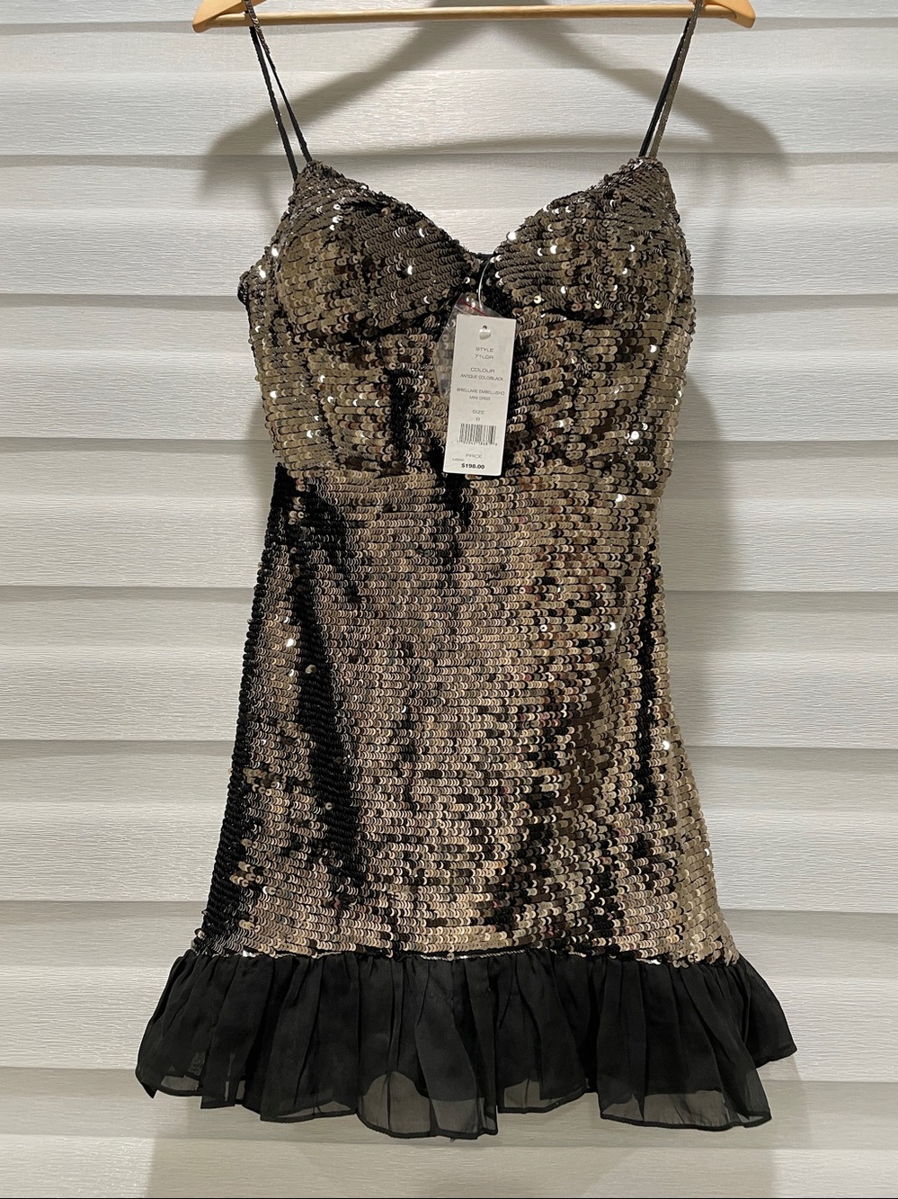 NWT French Connection metallic antique gold tint black sequin mini dress 8
